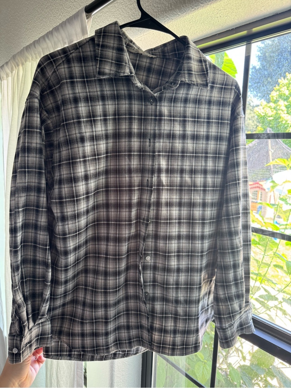 Womens Black & Gray Plaid Button-Up Shirt